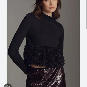 Blue Tassel Anthropologie Faux-Feather Turtleneck Top in Black